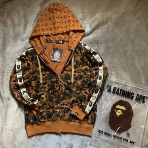 bape x mcm camo zip hoodie brown